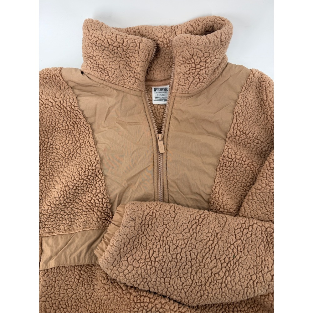 PINK Victorias Secret Teddy Fleece Half Zip Pullover Jacket Brown Medium